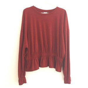 A New Day Top Womens XL Brick Red Ribbed Knit Long Sleeve Peplum Elastic Waist